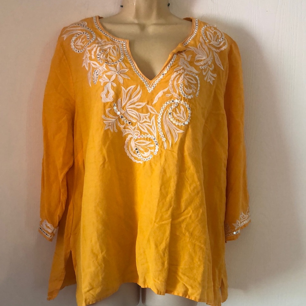 Women’s linen spring Embroidered Yellow Women's sequined tunic rayon Top